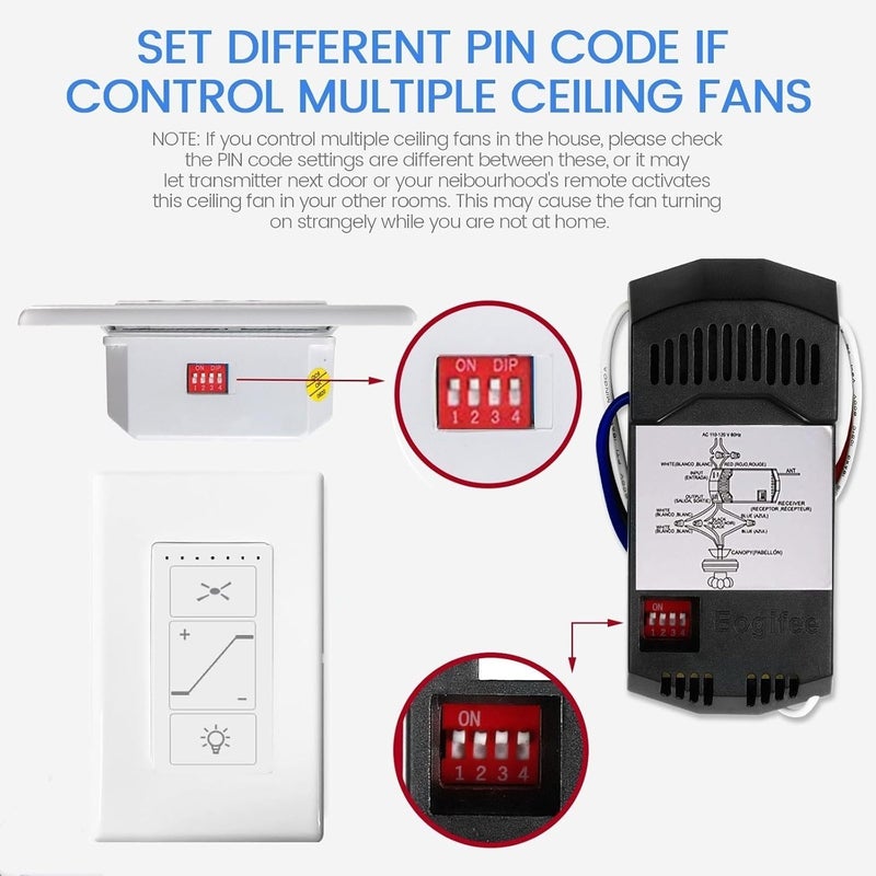 53T Universal Ceiling Fan Wall Remote Control and Receiver Kit, 3 Speed, Light Dimmer,Dip Switch Control Compatible with Hampton Bay Harbor Breeze Hunter(Wall Control Kit) - Image 5